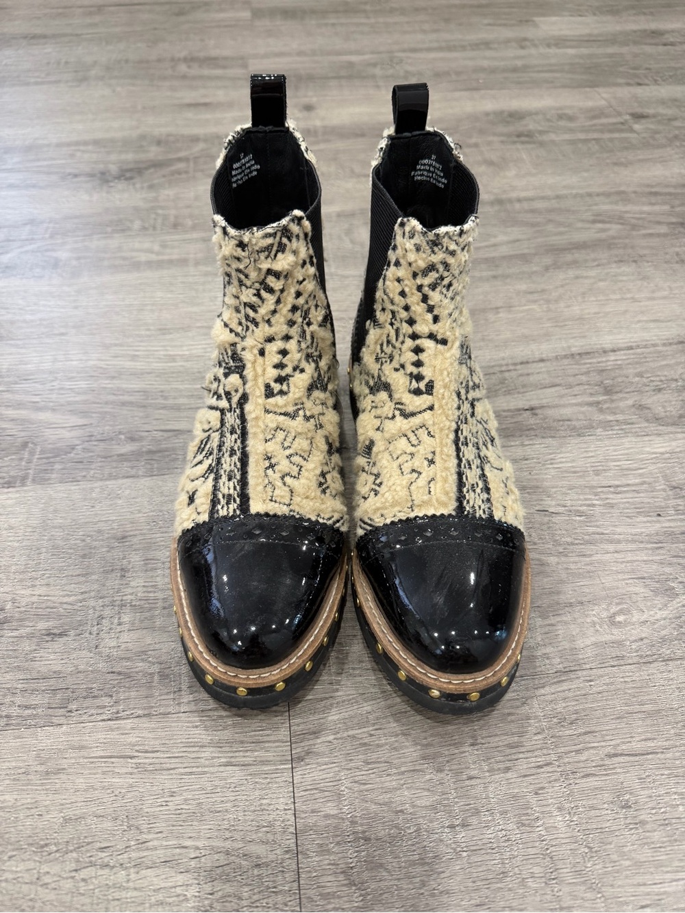 *RARE* Free People Black Patent Toe Cream Woven Chelsea Boots
